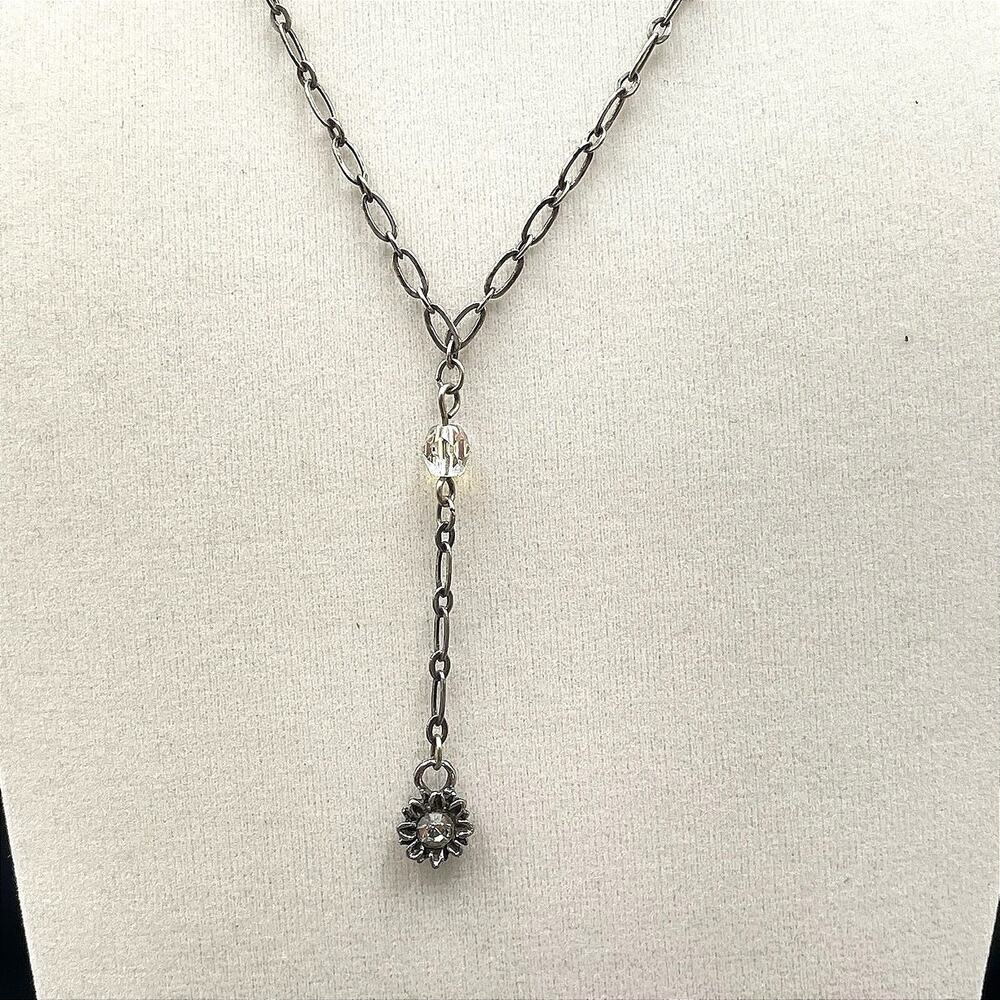 Vintage Silver Tone Faceted Glass Bead Oval Link Chain Flower Pendant Necklace